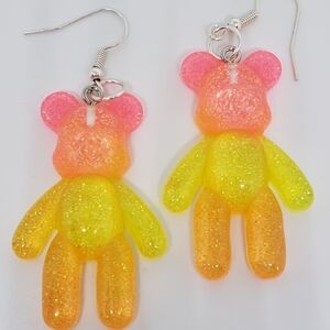 Handmade Lightweight Ombre Glitter Pink Yellow Orange Large Gummy Bear Earrings